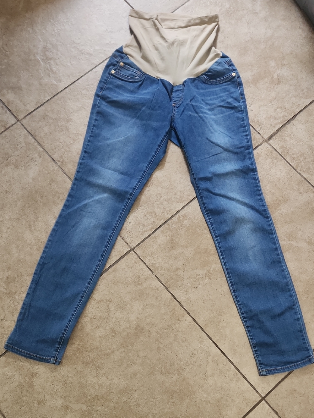 Essentials Blue Skinny Maternity Jeans with Beige Support Panel stretch